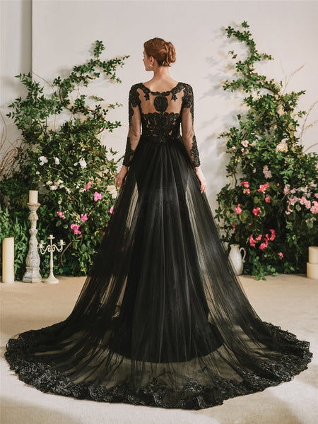 Sheer Lace Long Sleeves Black Wedding Dress with Plunging V-neck –  loveangeldress